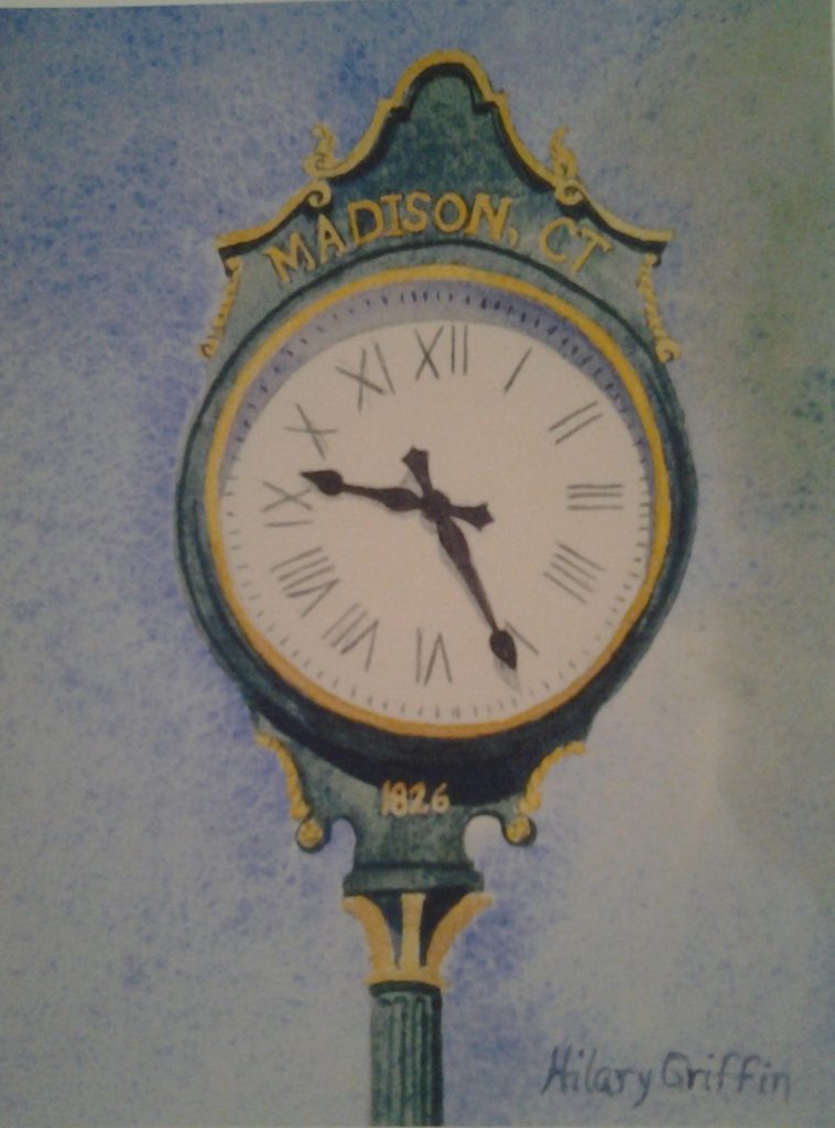 madison, connecticut, shoreline Downtown clock image, classic clock image in watercolor, painted by artist Hilary Griffin