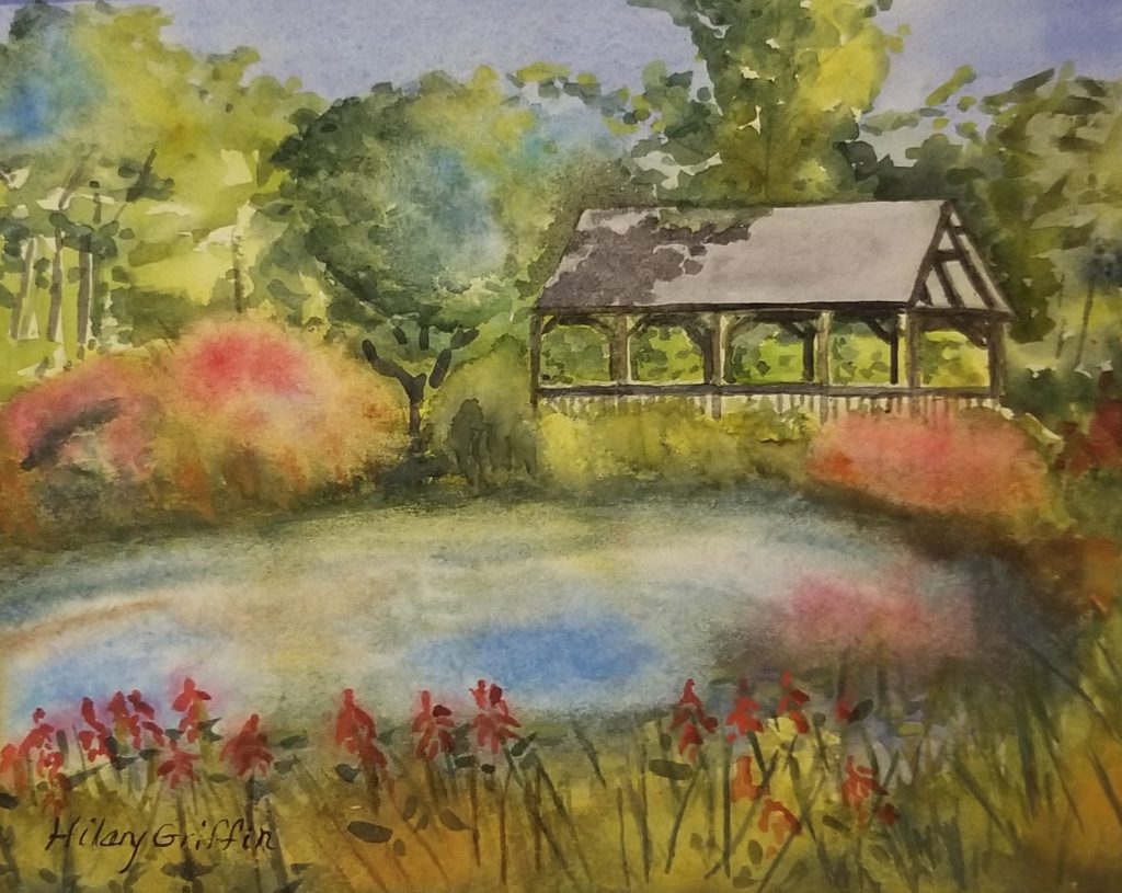 artist Hilary Griffin painting of farm in Madison , Connecticut.  Nature lovers, the outdoors, lily pad pond