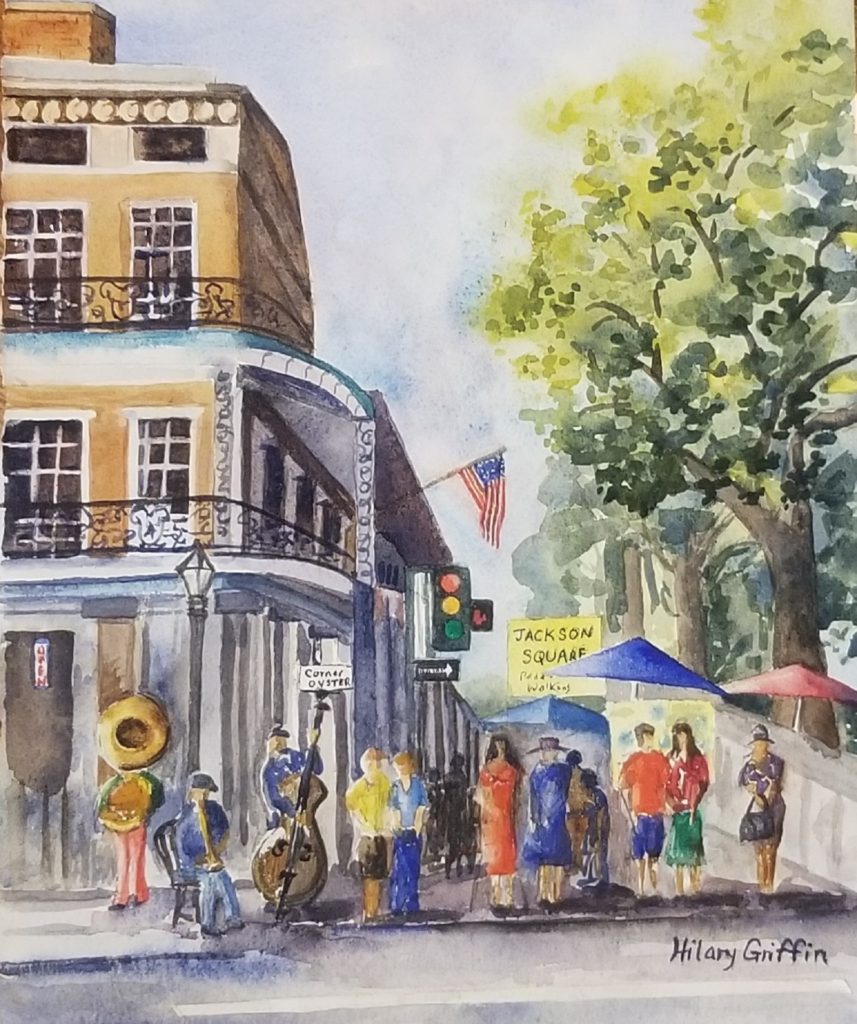 watercolor street scene  painted by Hilary Griffin of the French Quarter , city scape of New Orleans,  Mardi Gras scene