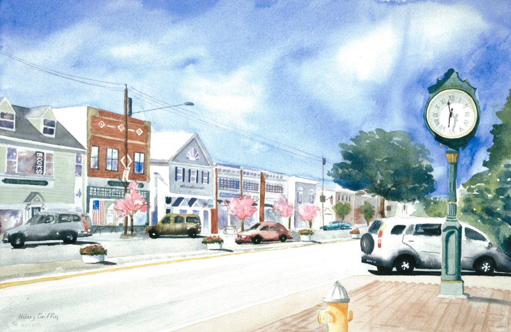 Artist Hilary  Griffin painted watercolor of downtown Madison, CT. New England Smalltown