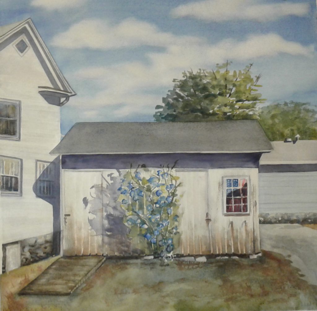 Artist Hilary  Griffin painted watercolor shed Madison, CT. New England Small town.  Painting of architecture