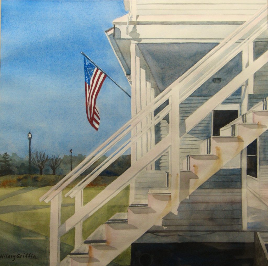 Artist Hilary Griffin painted shoreline patriotic scene.  watercolor original art of Connecticut architecture